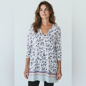 J. Jill Love Linen Short Sleeve Floral Tunic Blue Size Small